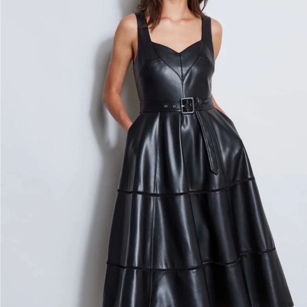 Elie Tahari Black Faux Leather Midi Dress